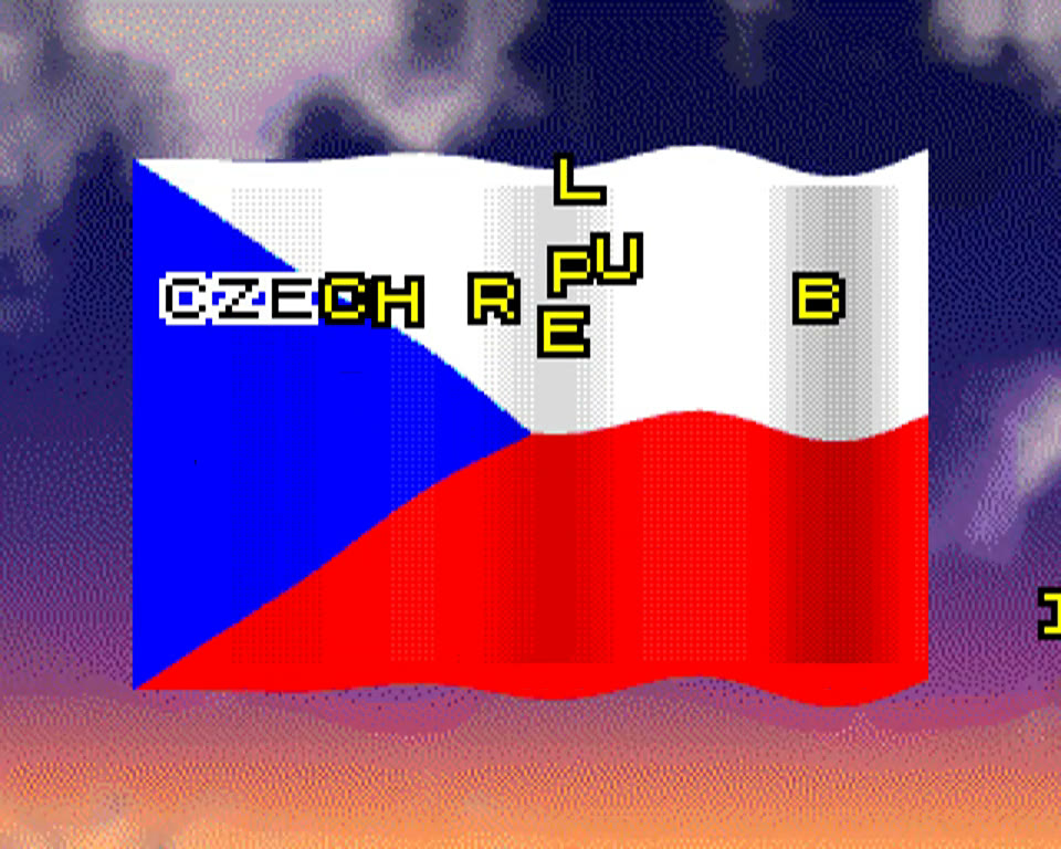Czech Flag demo intro: the letters of CZECH REPUBLIC flying in from the screen edges over the waving flag